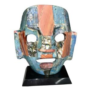 Vintage Mayan burial mask sculpture abalone other precious stones Decor 6” tall